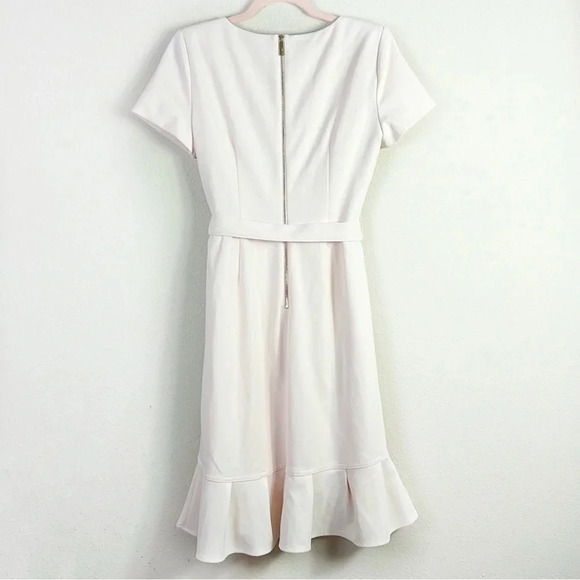 Calvin Klein Ruffled Tulip-Hem Crepe Dress with sash in Cream color size 6 - Picture 12 of 16